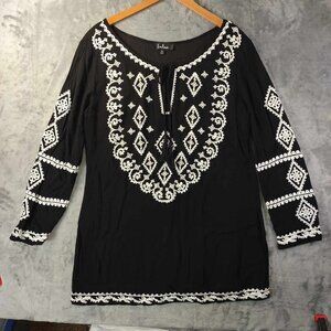Lulus Women's L Black & White Cotton Boho Embroidered‎ Sequin Long Sleeve Blouse